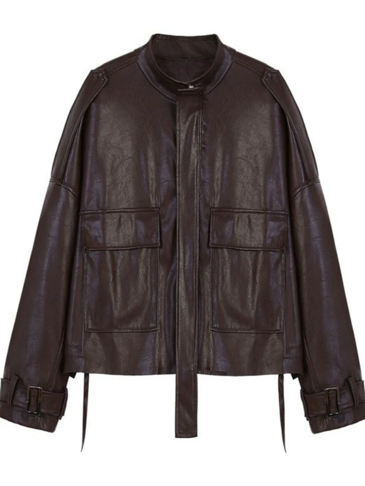 Brązowa Krótka Skórzana Kurtka Damska Kieszenie Japoński Zamek Błyskawiczny Skórzana Kurtka Damska Luźna Retro 2025 Lato High Street Płaszcz Moda