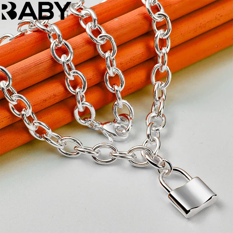 

URBABY 925 Sterling Silver 18 Inch Chain Square Lock Pendant Necklace For Women Men Wedding Banquet Party Gift Fashion Jewelry