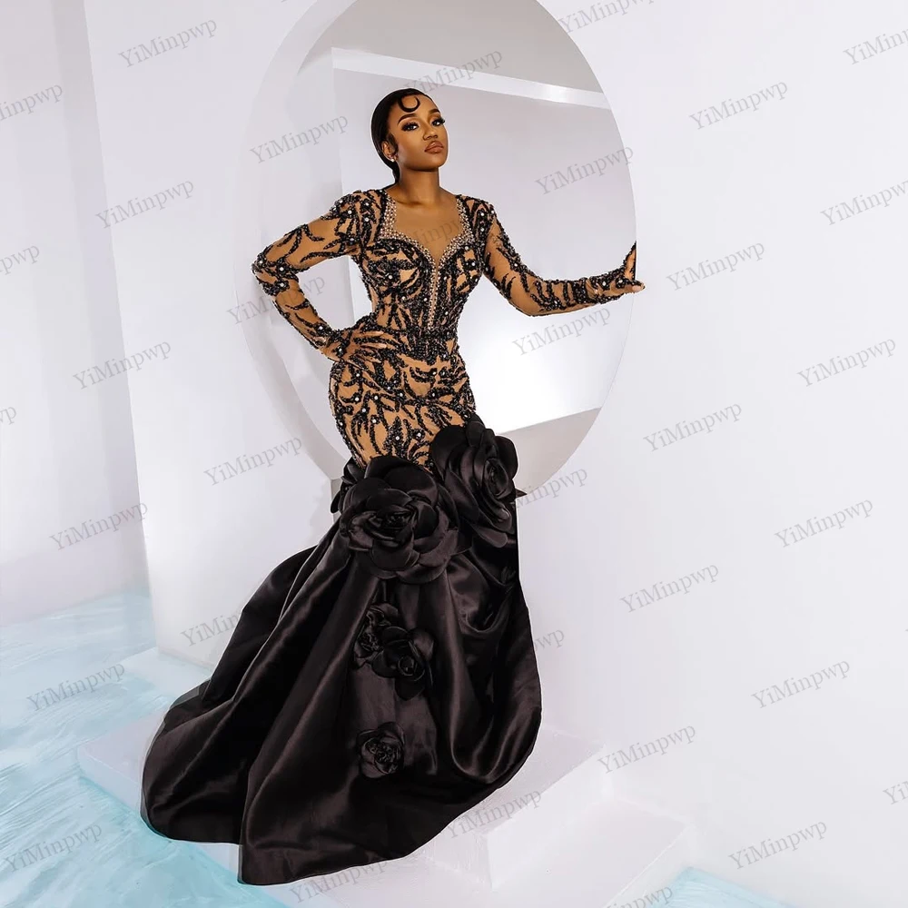 

Aso Ebi Черные вечерние платья из бисера с цветами Русалка с длинным рукавом и круглым вырезом Африканские элегантные платья для особых мероприятий по индивидуальному заказу