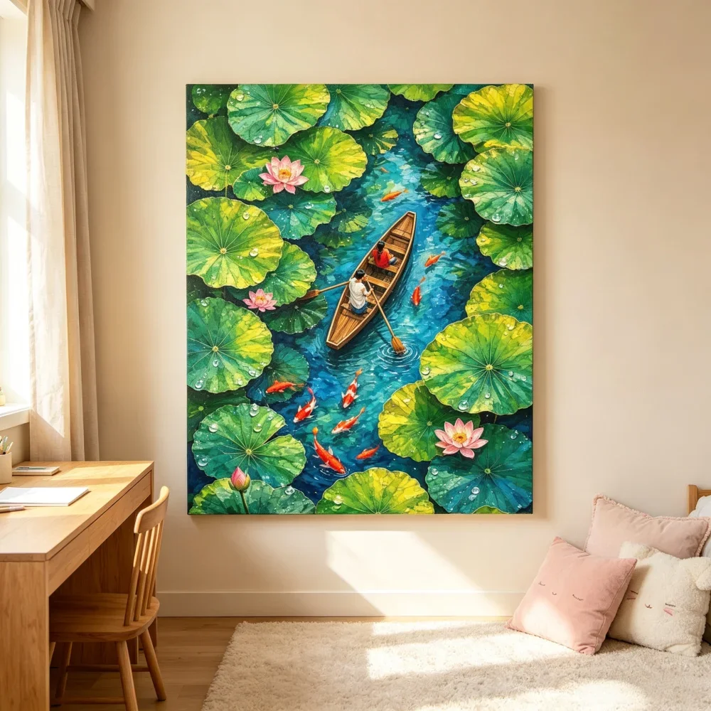 1PC Large-sized frameless canvas paintings,Water Lily Pond Boat And koi Fish Art Poster Print for Living Room Office Lotus Flowe
