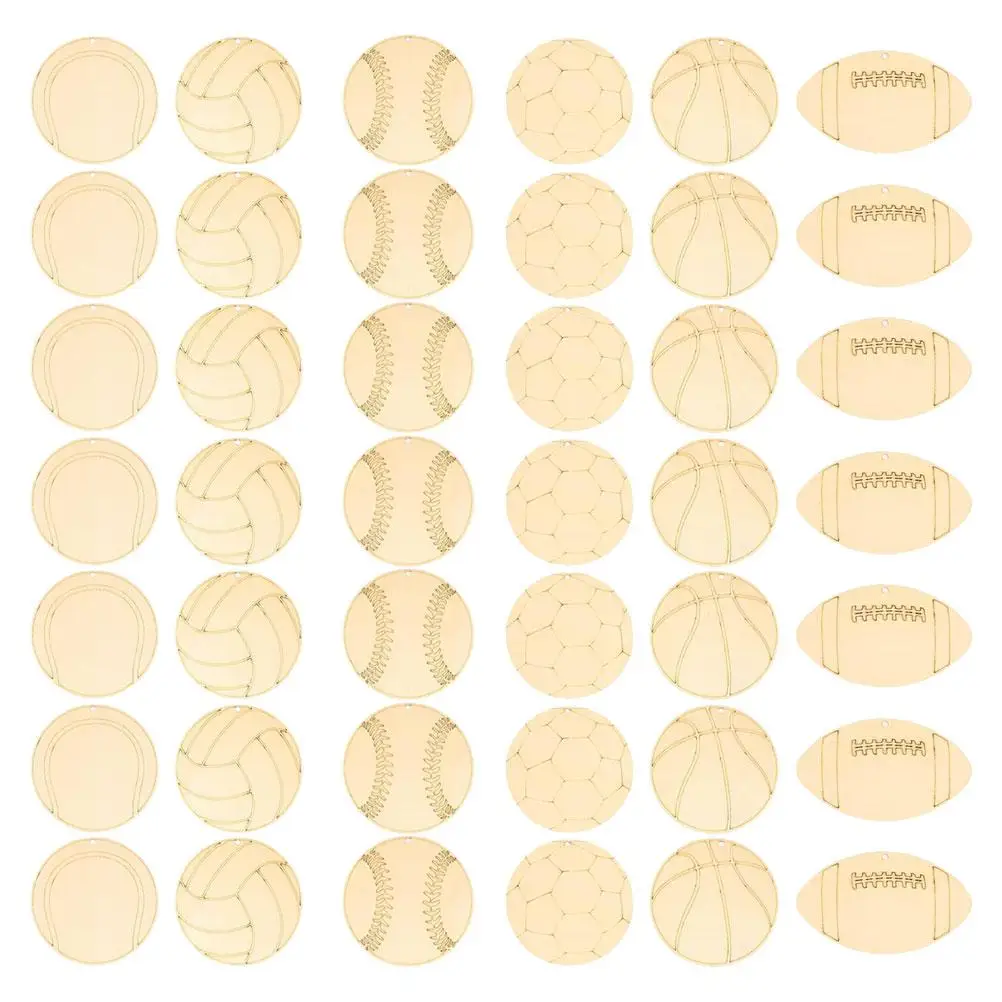 42 PCS Wood Sports Ball Cutouts DIY Ornament Uncolored Hand-painted Craft Toys Baseball Chips Unfinished Wooden