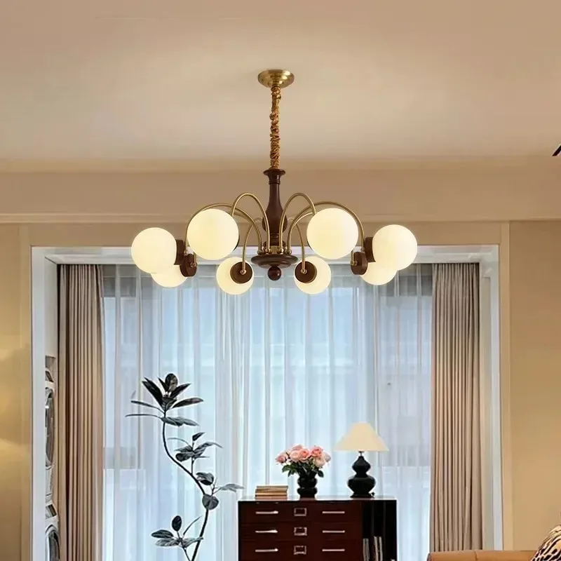 

French retro all-copper living room chandelier solid wood main lamp medium and ancient style advanced sense full spectrum eye pr