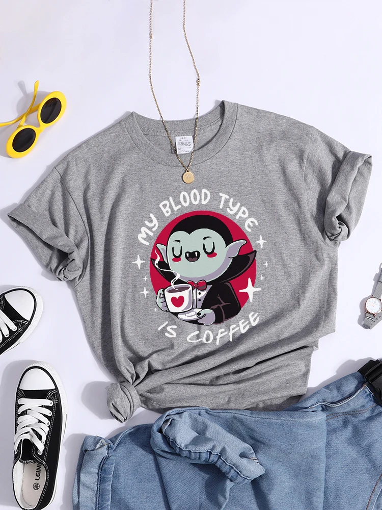 Vampire My Blood Type Is Coffee Print Tshirt Original Sport Tshirts Casual Loose Tshirt Niche Comfortable  Women Tshirt