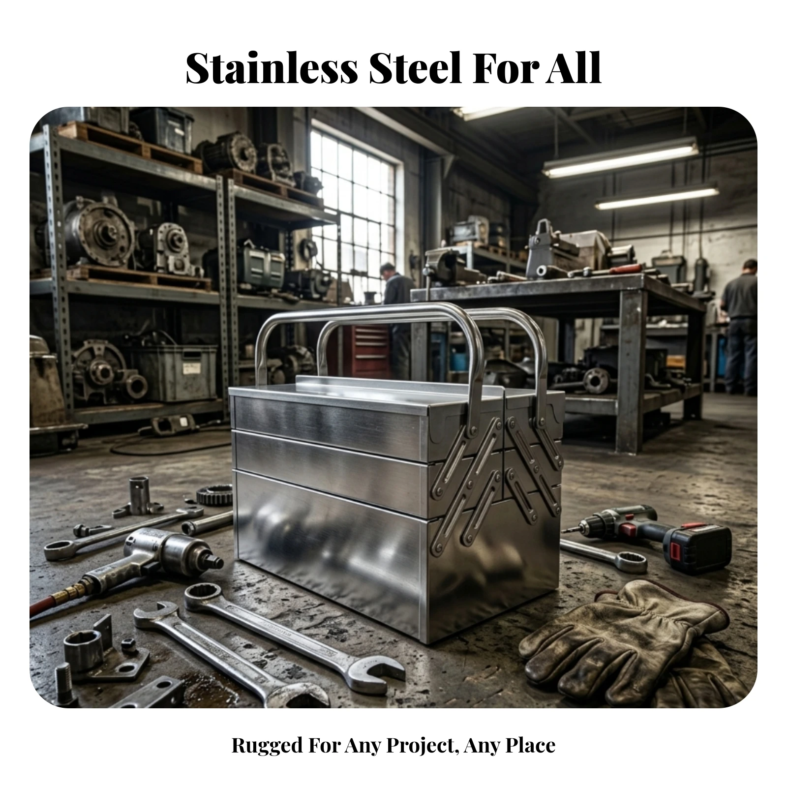 Portable Metal Toolbox Riveted Construction Stainless Steel Toolbox Storage Organizer Hinged Support Arms