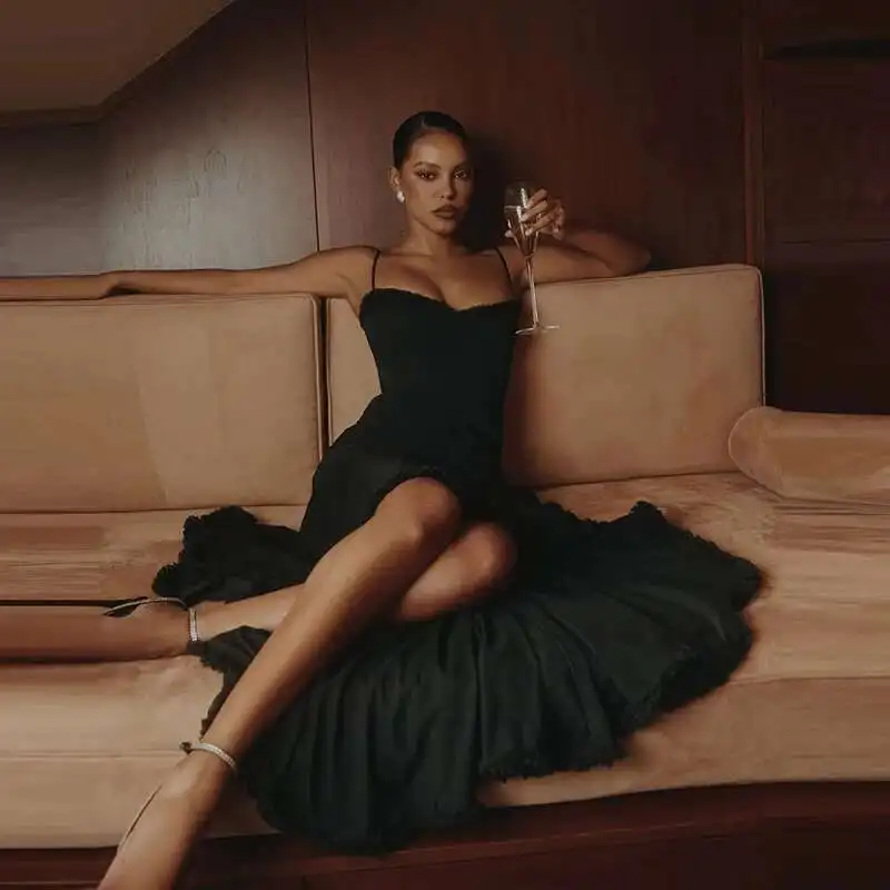 Sexy Evening Club Party Dresses 2025 Summer Mesh Ruffle Long Dress Spaghetti Strap Backless Irregular Ruched Bodycon Robe