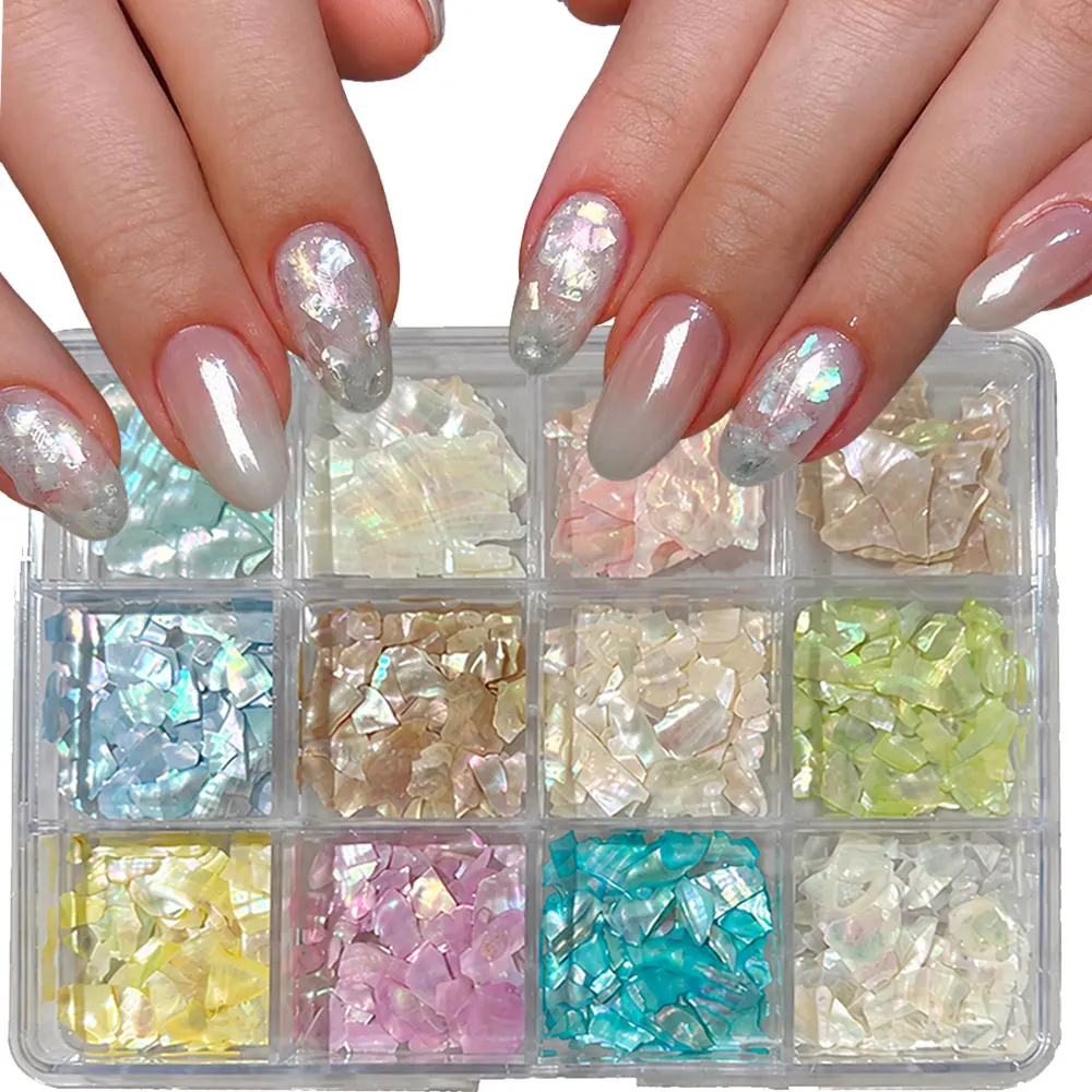 12grid Iridescent Aurora Abalone Shell Nail Slices 3D Irregular Seashell Nail Flakes 12color Abalone Shell Fragments Nail Charms
