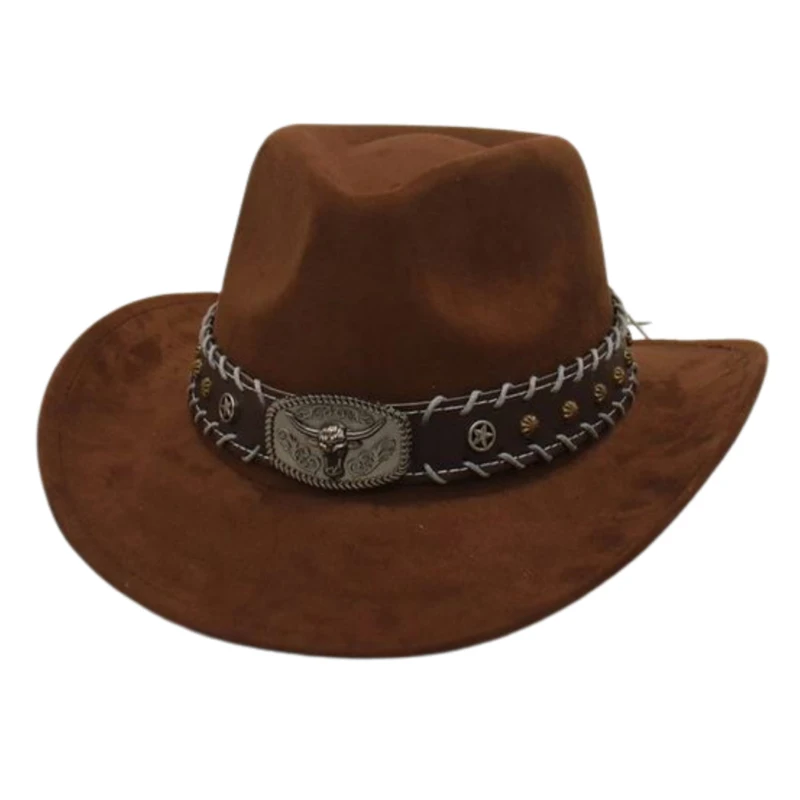 High-End Ethnic Style Suede Heart Cow Head Riding Jazz Hat Vintage Felt Western Cowboy Cap for Men And Women Autumn Winter
