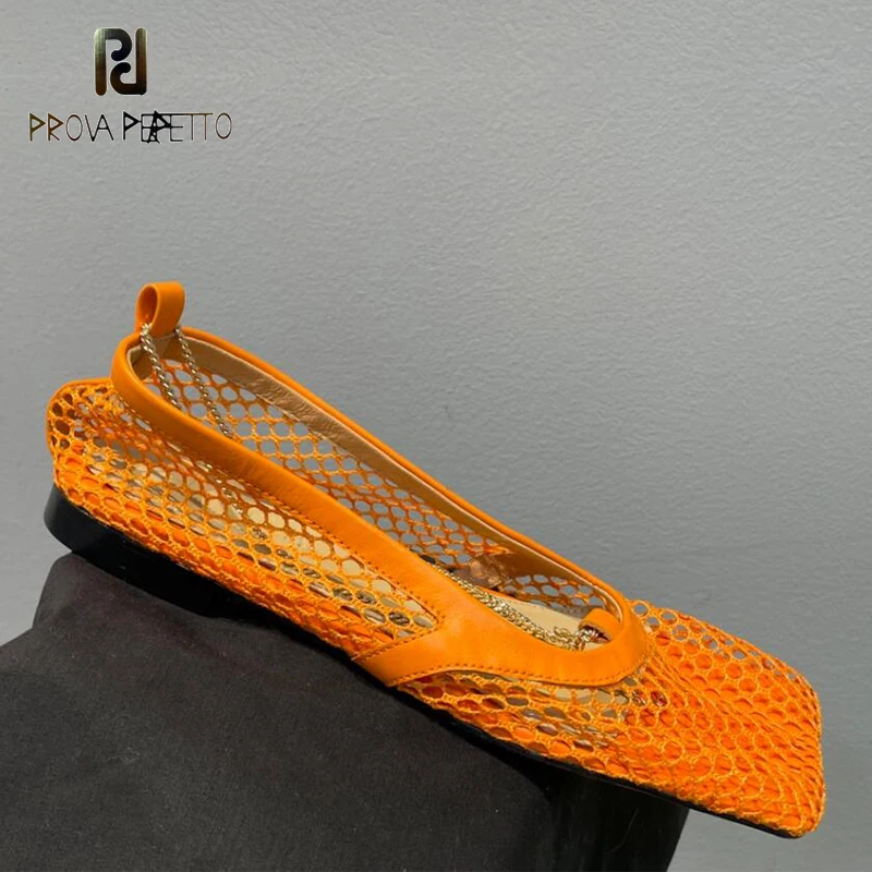 Mesh Hollow Out Women Flat Summer Sandal Shoes Gold Chain Decor Sqaured Toe Green Orange Fashion Comfortable Mules