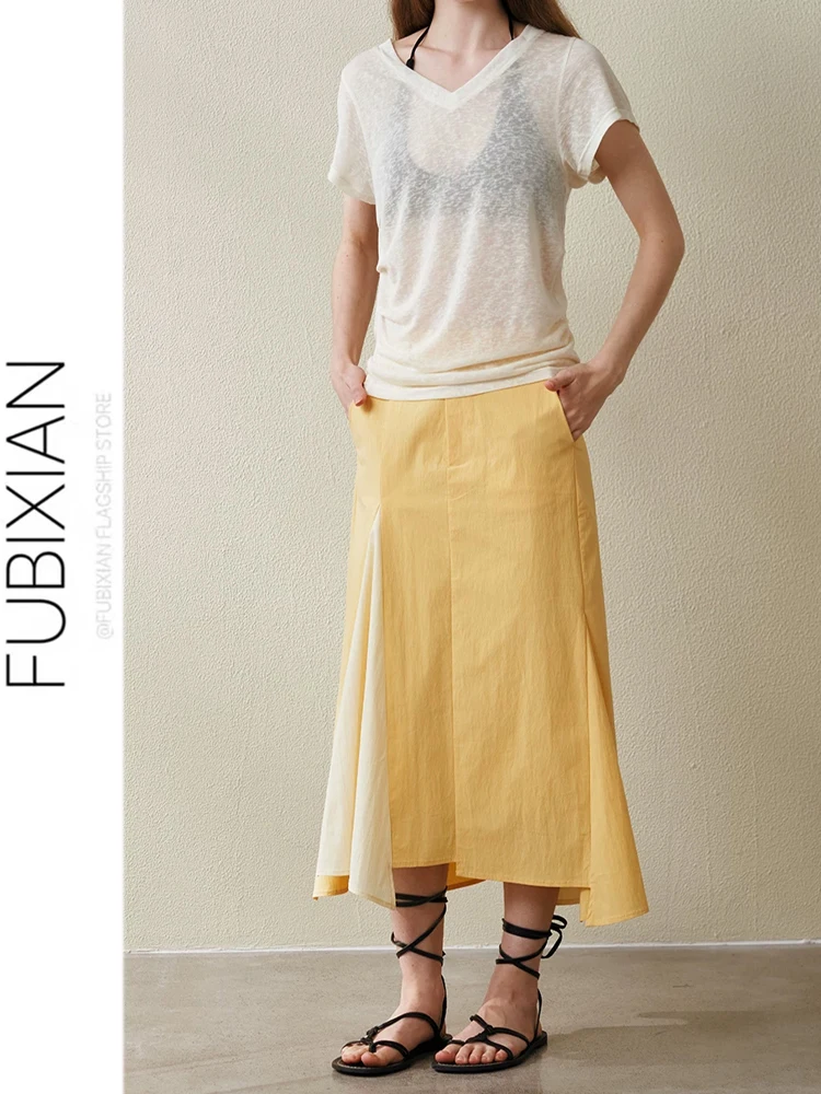 High Waist Asymmetrical Fish Tail Skirt Color Block Cream Yellow Midi Skirt Texture Sensation Half Body Skirt Island Vacation...