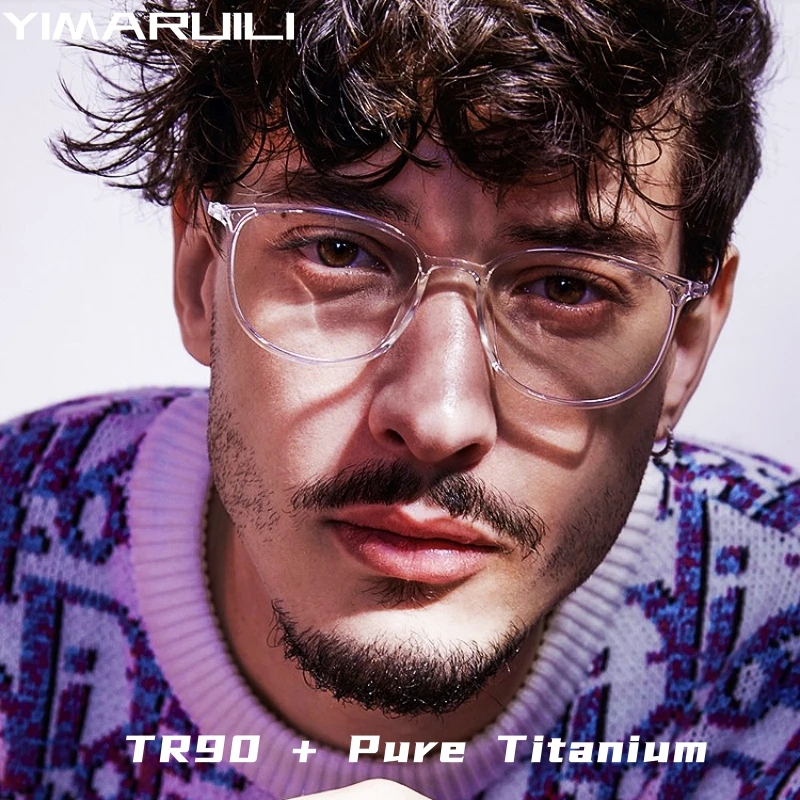 YIMARUILI New Ultra-light Fashion TR90 Eyeglasses Men Retro Round Pure Titanium Optical Prescription Glasses Frame Women 2212B