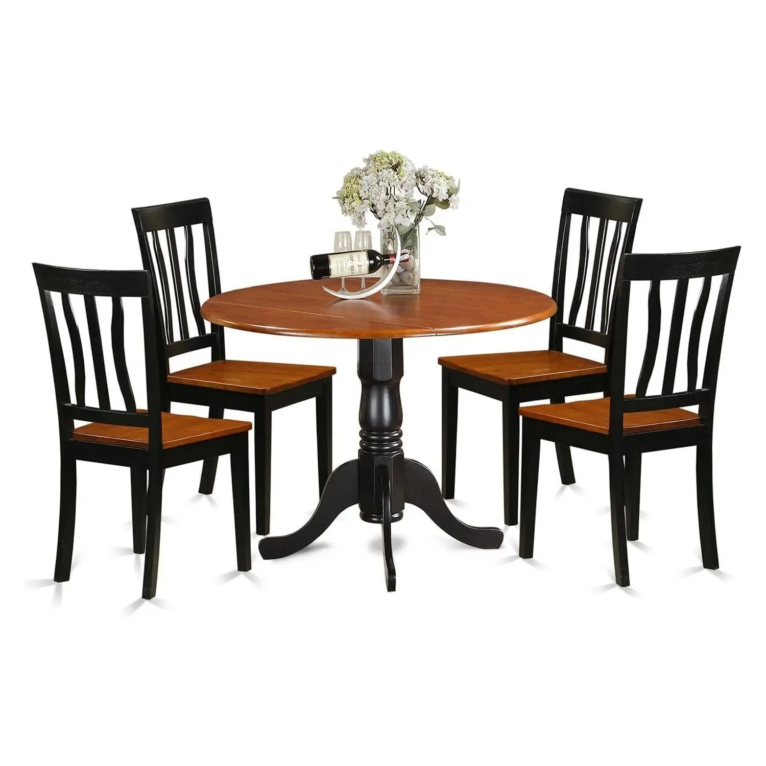 5 Piece Dining Table Set Round Dropleaf Table 4 Solid Wood Seat Chairs 42x42 Inch Black & Cherry, Customized