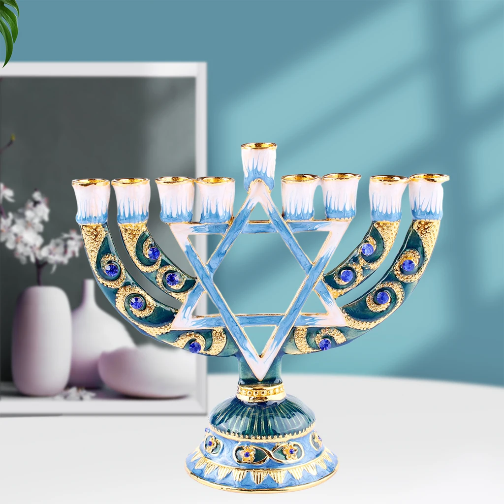 Metal Menorah Candlestick Star of David Enamel Handpainted Enamel Jewish Candelabra Vintage Tealight Candle Holder