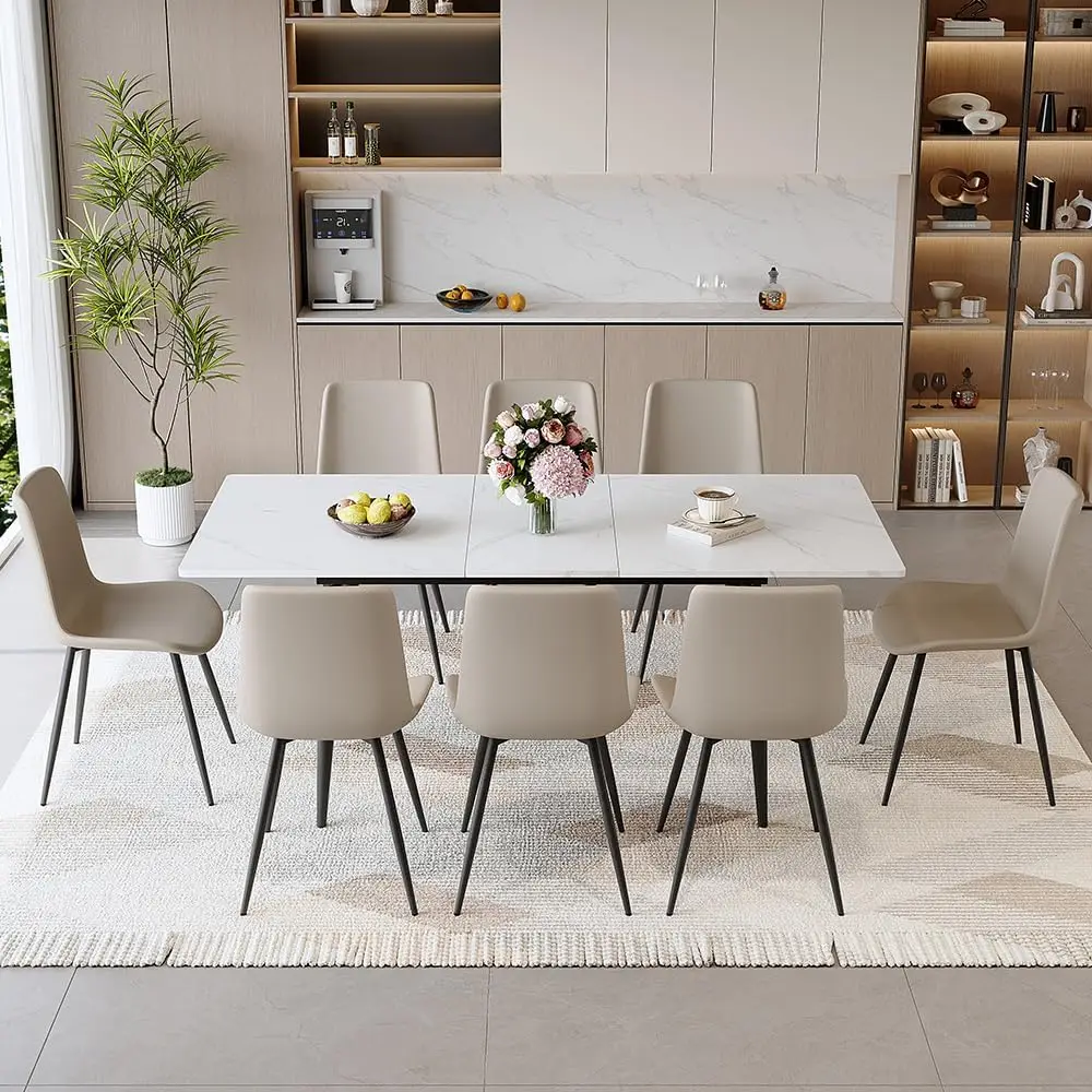 

Set for 8, 59"-75" Extendable Dining Room Table Set with 8 Upholstered Chairs, White Kitchen Table Chairs Set for Living