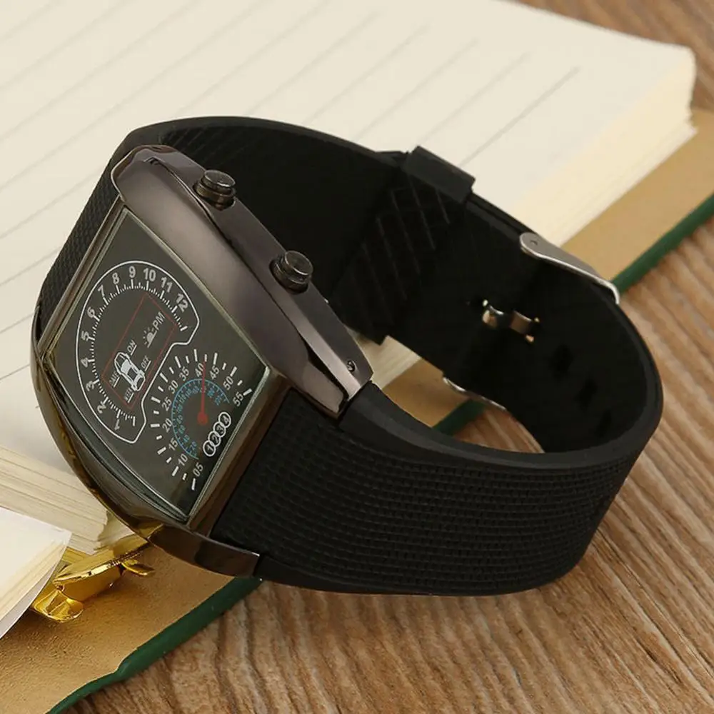 Date Time Display Electronic Watch Men LED Aviation Speedometer Sports Car Meter Dial Digital Wrist Watch