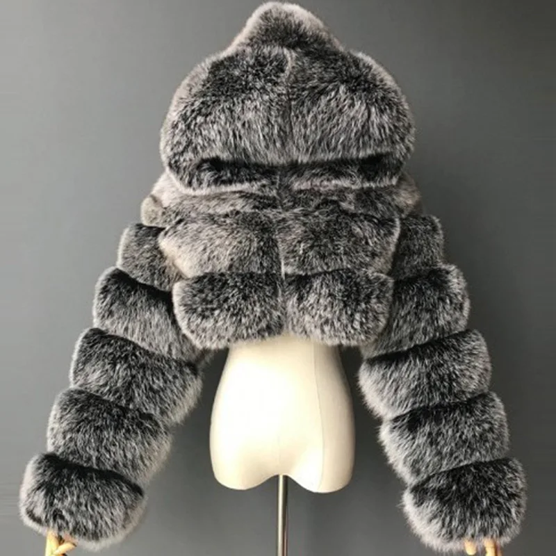 Spring Autumn Cropped Women's Faux Fur Coats Jackets Outerwear Fluffy Top Coat Thick Warm Hooded Short Overcoat Sexy Streetwear