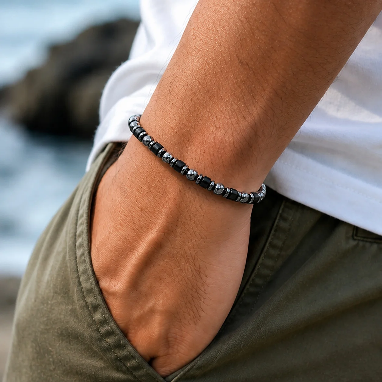 1pc Men's Round Stone Beaded Strand Bracelet with Black and Gray Alternating Beads Casual Sporty Style for Everyday Outfits
