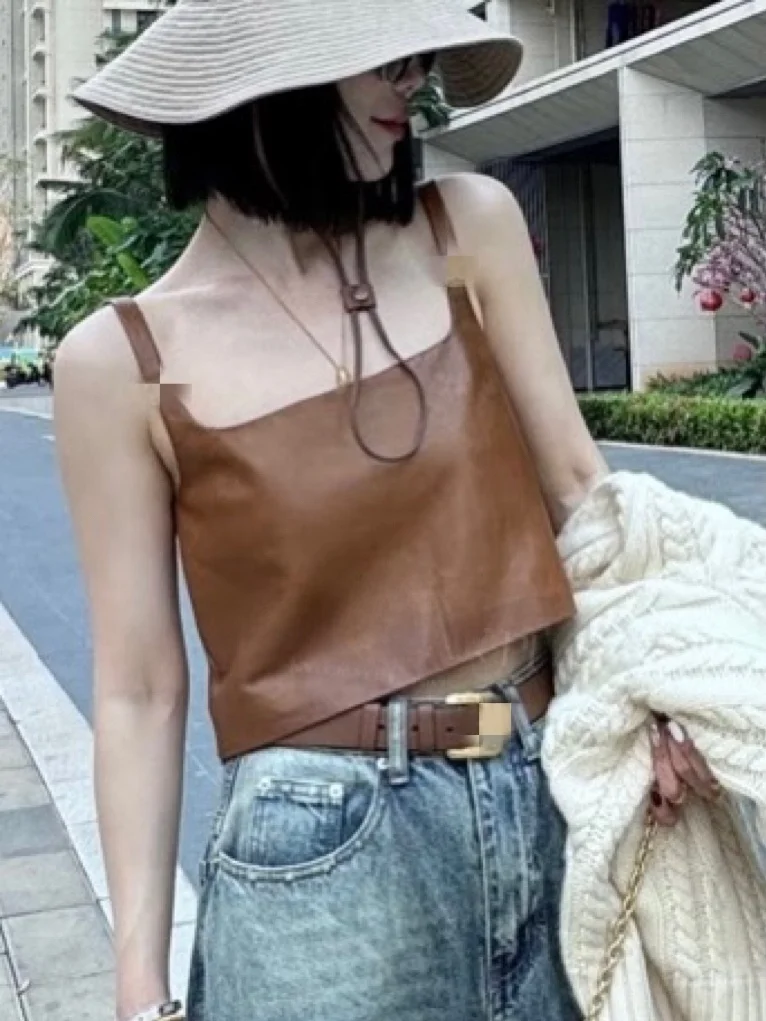 

Trendy Real Leather Vest Women's Ultra-ort Retro Vest Strap round Ne Letter High Waist Overhead Slimming Versatile