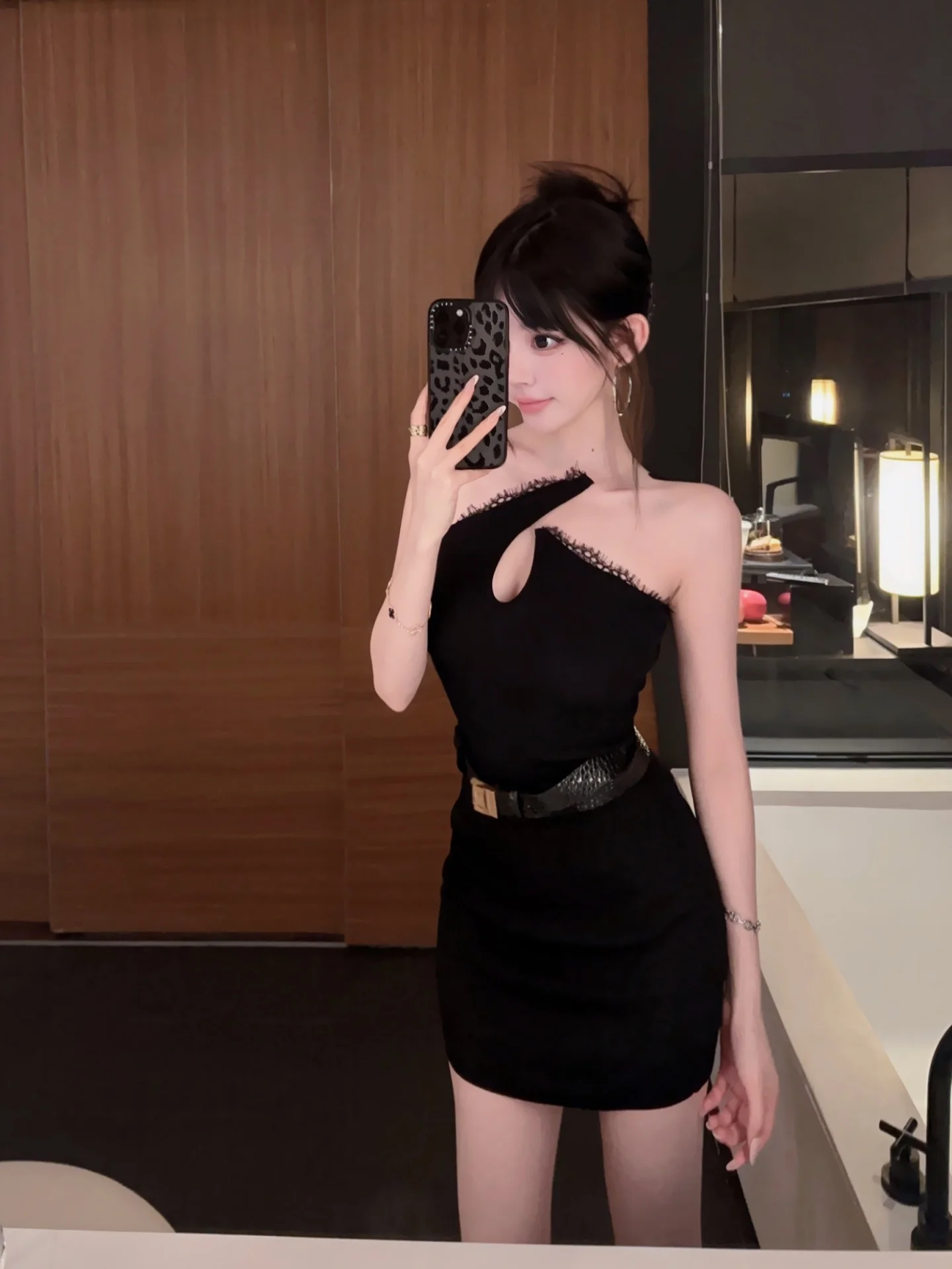Asymmetric Black Knitted Shoulder Women's Vest Summer Outfit Sexy Slim Unique Super Beautiful Top Hollow out Lace Detail