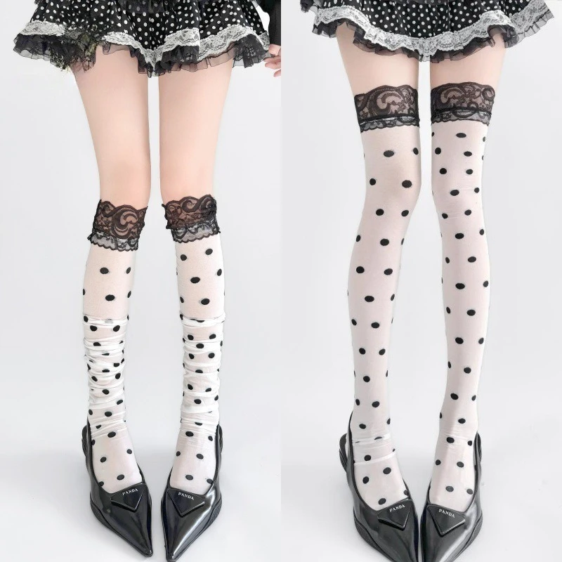 New Fashion Women Summer Polka Dots OverKnee Socks Lace Trim Garter Thigh High Stockings Y2K Lolita Gothic Hot Girl Long Hosiery