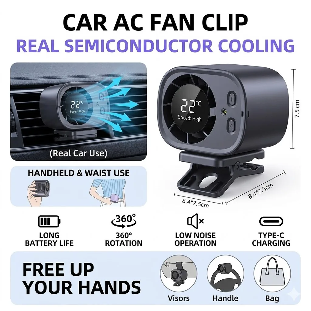 Portable Cooling Fan, 360° Rotating Ultra-Quiet USB Clip-on Car Fan with LED Temperature Display, Mini Desk Fan for Home Office