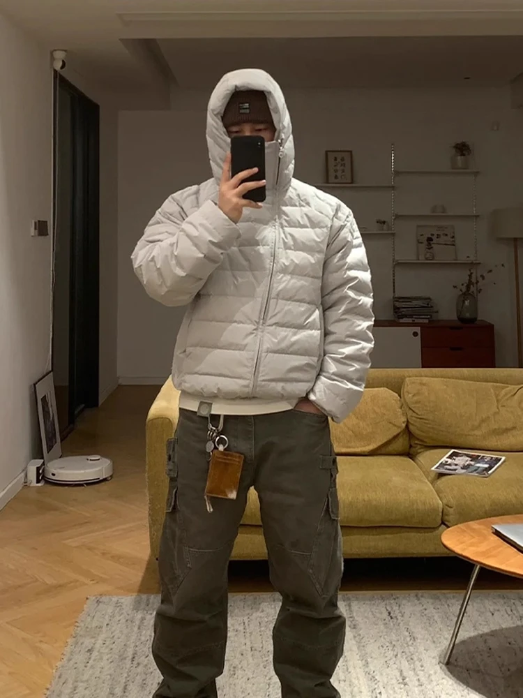 

American Style Cleanfit White Duck down Jacket Men's Hooded Coat with Oblique Zipper Design Thickened Casual Cotton Outerwear