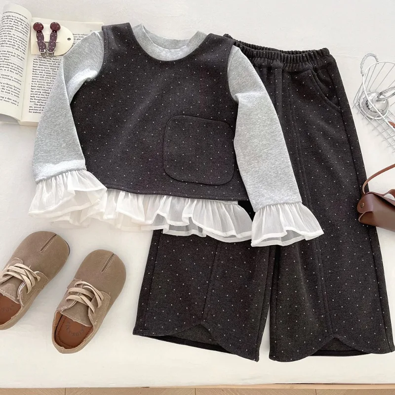 

Girls Set 2025 Autumn Spring Fashion Patchwork Long Sleeve Base Layer Polka Dots Vest Long Pant Three Piece Set