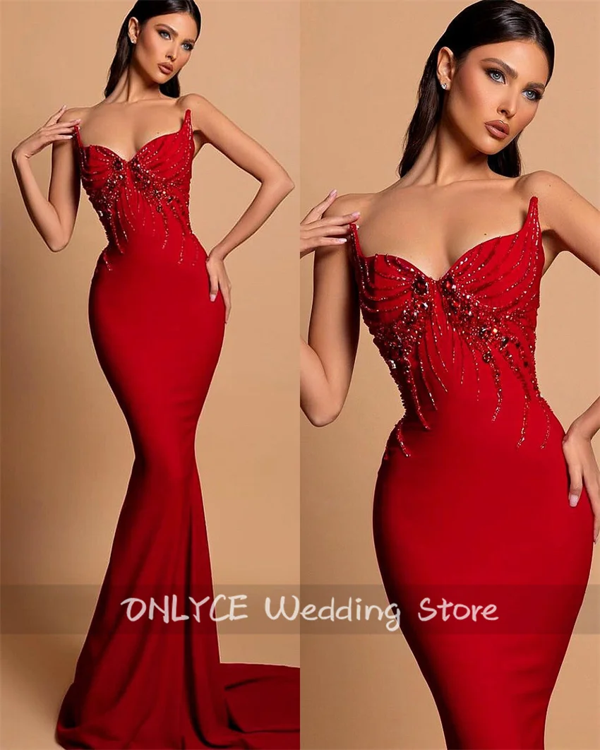 Luxury Red Mermaid Evening Dresses 2024 Beads Diamonds فساتين طويلة Formal Prom Party Gowns Wedding Reception Customized