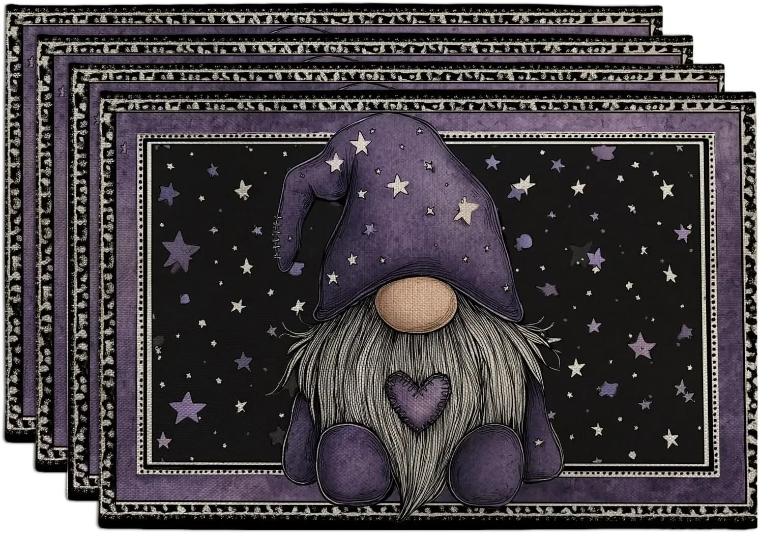 Violet Gnome Placemats, Starry Night Decorative Table Mats for Halloween, Non-Slip Indoor Outdoor Party Placemats Set of 4