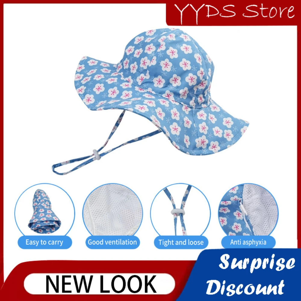 Children's Sun Protection Sun Hat Cute Blue Plum Dome Big Brim Hat UV Protection Cartoon Bucket Hat Outdoor Fisherman Hat