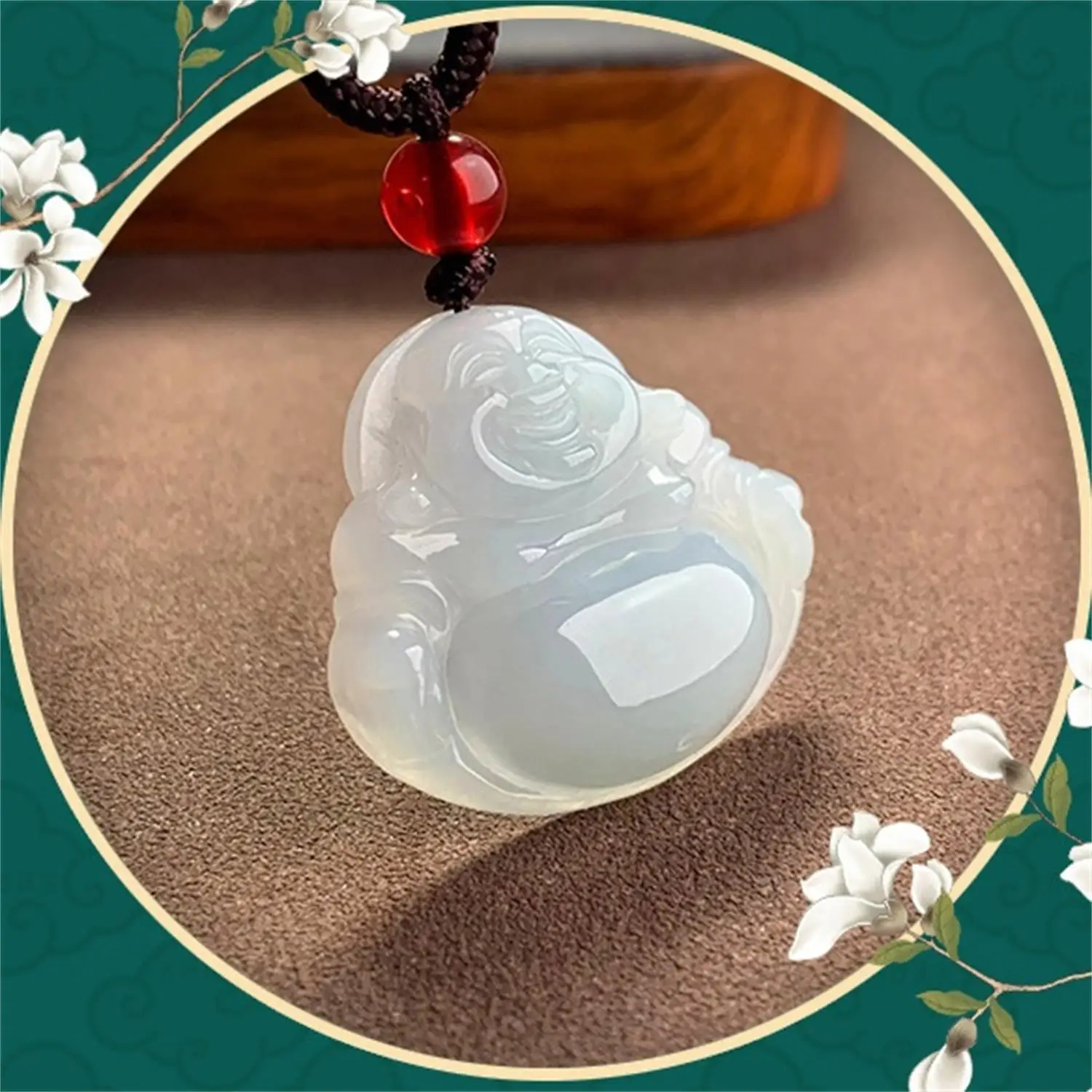 White Ice Burmese Jadeite Maitreya Buddha Pendant Type A Untreated Icy Laughing Buddha Amulet Good Fortune Charm Unisex Gift