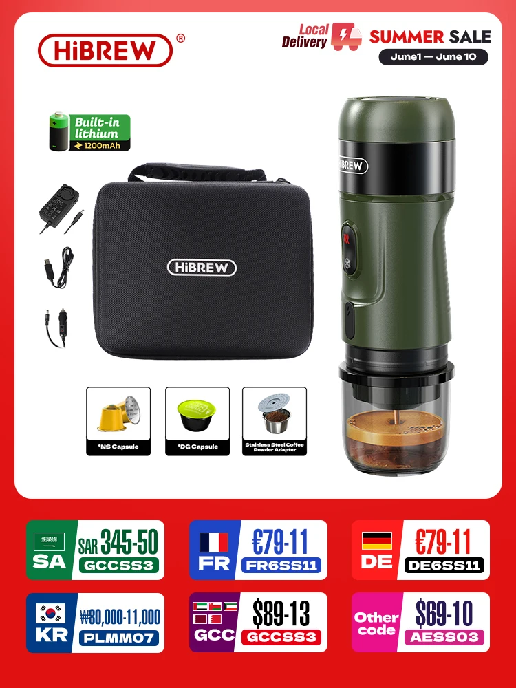 HiBREW Wireless Electric Portable Espresso Coffee Machine for Car & Home Camping Coffee Maker Fit Nespresso Dolce Capsule Powder