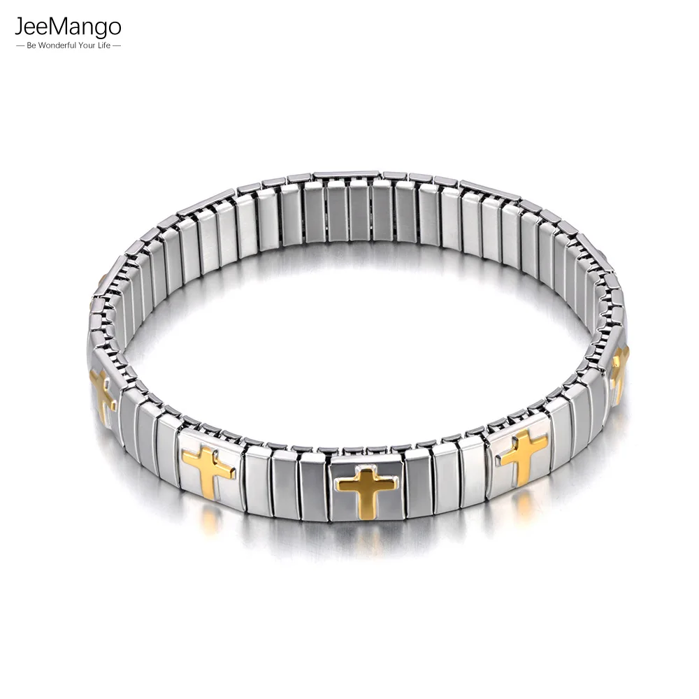 JeeMango 316L Edelstahl-Armbänder mit Herz-Kreuz-Blumen-Anhänger für Damen, vergoldet, trendiger elastischer Kettenschmuck JB24108