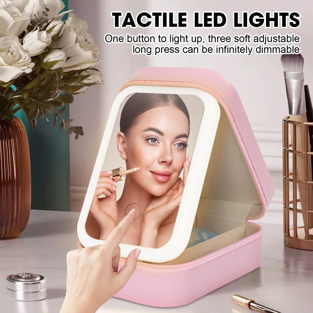 Portabl LED Three-Color Adjustable Makeup Mirror Cosmetic Bag Smart Lighted Mirror Travel Makeup Organizer Gift for Girl Women