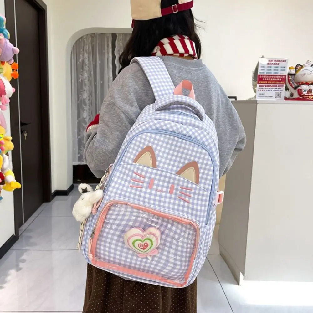 

Preppy Style Cartoon Cat Backpack Embroidery Kitten School Backpack Portable Large Capacity Students School Bag Women