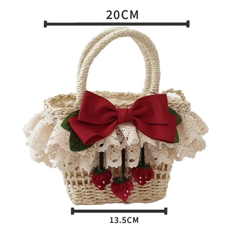 Borsa da donna alla fragola Lolita borsa da spiaggia in pizzo intrecciato a mano borsa da spiaggia in stile pastorale da donna morbida accessori