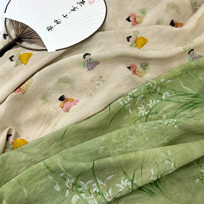 50x150cm Summer Thin Tencel Linen Chinese Style Tang Dynasty Princess Painting Fabric For Diy Sewing Hanfu Dress Cheongsam