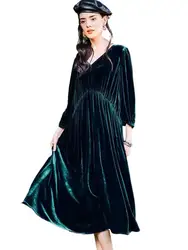 Spring Women Elegant velour Dress Solid Autumn Casual long Party Dresses Winter Vintage Velvet Vestidos Winter Formal Dress