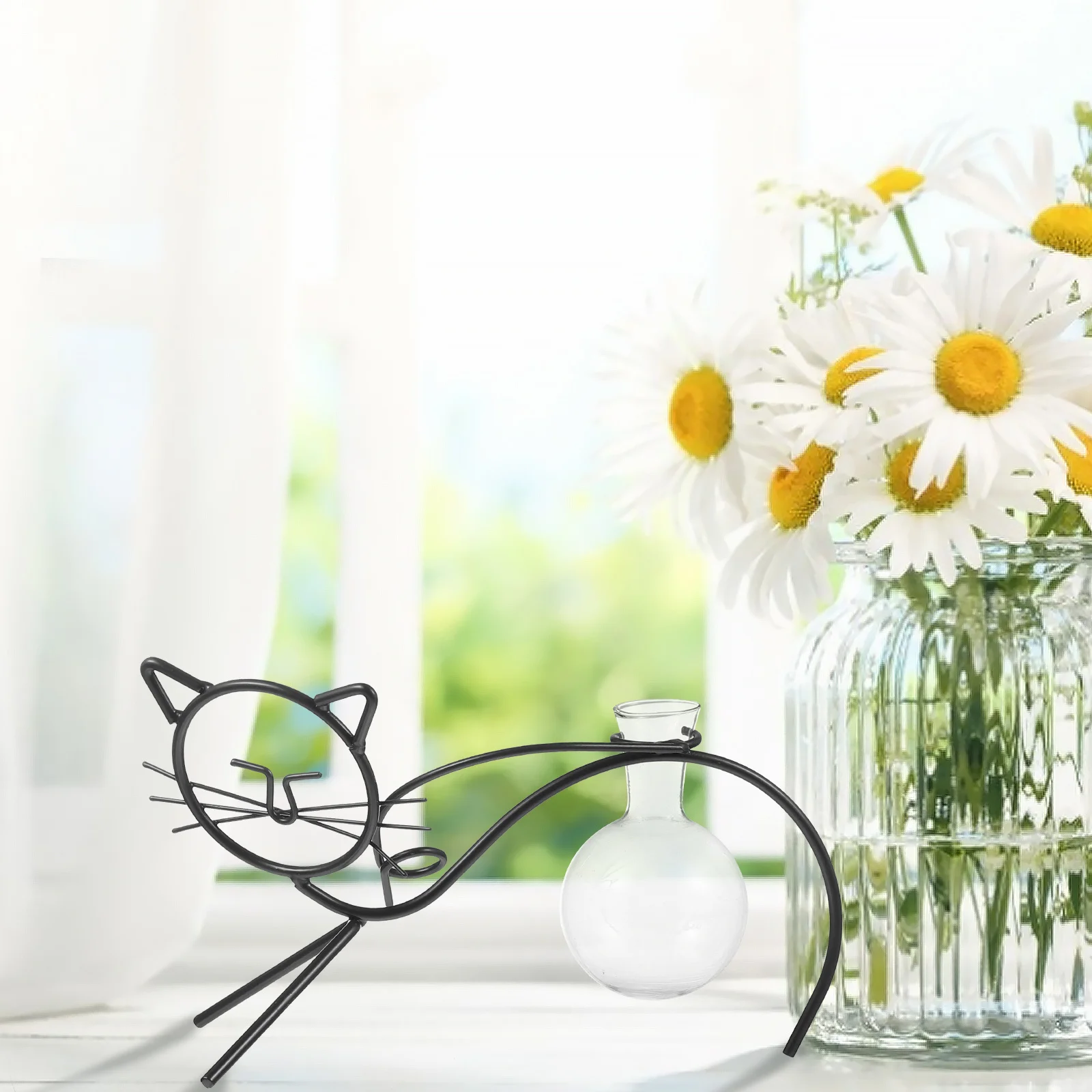 

1Pcs Glass Flower Vase Iron Art Cat Container Hydroponics Flower Arrangement Desktop Decor Hydroponics Vase