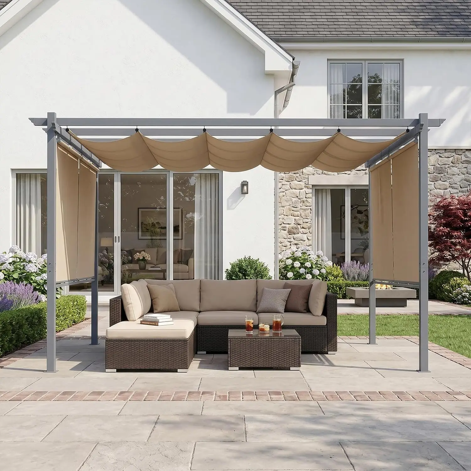 12 x 12 ft Outdoor Pergola with Retractable Shade Canopy, Brown