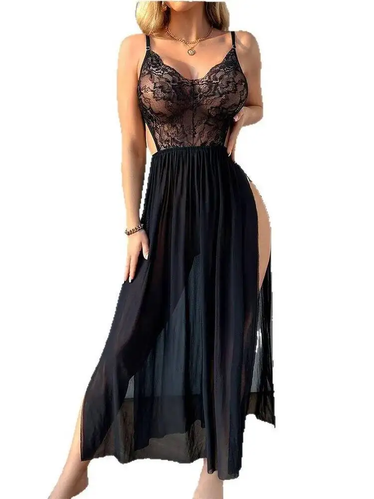 Sexy Erotic Nightdress for Women Lace Temptation Strap Dress Nightgown Sheer Dress Long Dress R5EL