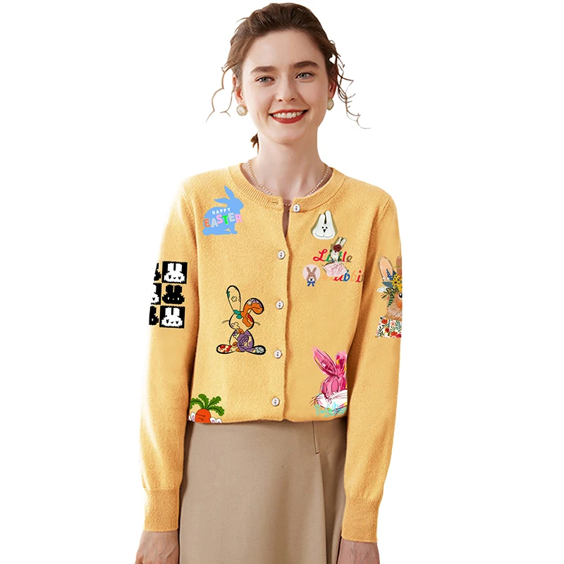 Dámský zvířecí kardigan s broží a medvědem, psy, králíky, slonem a husou, kulatým výstřihem, vlněný svetr s dlouhým rukávem a otevřeným knoflíkem - náhled 3