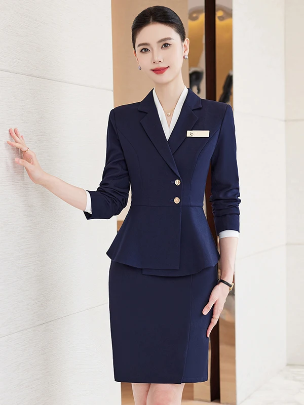 Blue Suit Set for Women Professional Work Uniform Beauty Therapist Hotel Front Desk Receptionists Jewelry Store Employee Outfit