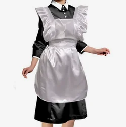 French Sexy Adult Customized Fetishist Crossdressing Sissy Polo Collar Satin Black White Spliced Cuff Locking Independent Apron