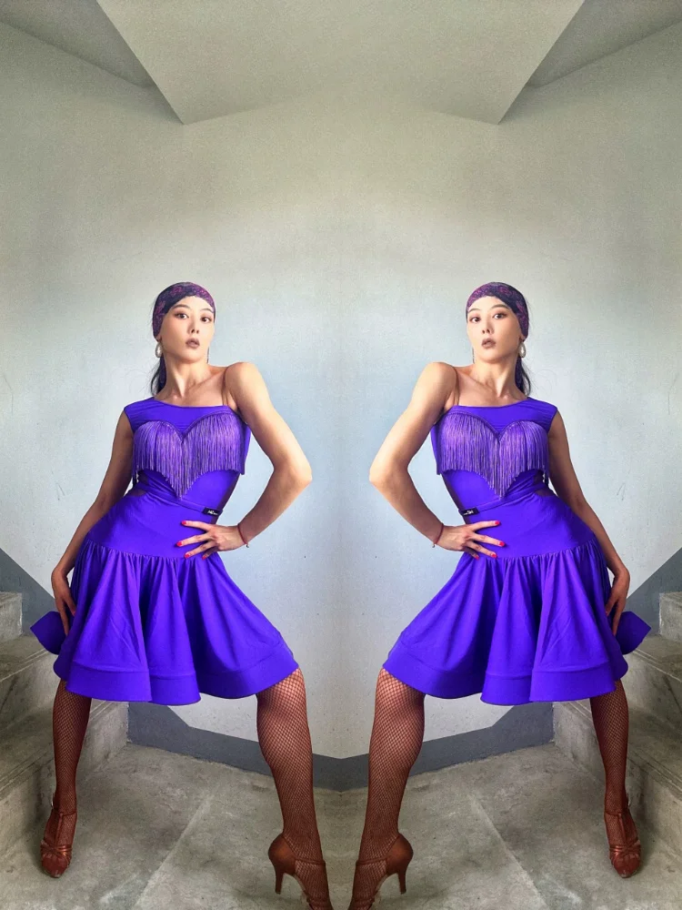 MZDance Colored One-Shoulder Asymmetric Tassel Latin Dress with Full Swing Skirt-For Rumba,Samba,Salsa Practice & Performance