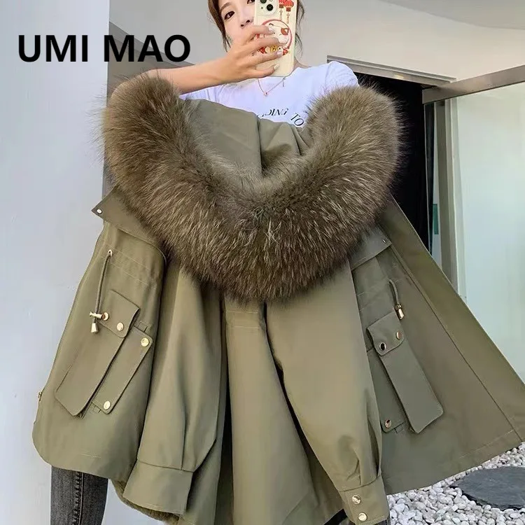 UMI MAO New Women's Parka Fashionable Rex Rabbit Fur Inner Lining Fox Fur Collar Detachable Mid-Length Fur Coat For Women
