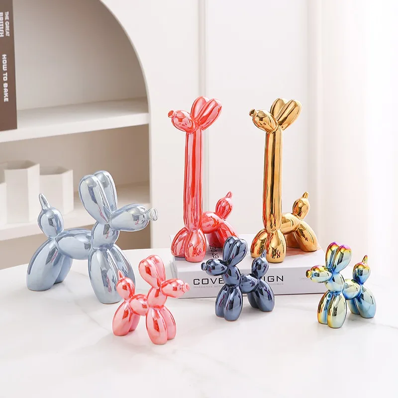 Ceramic Balloon Dog Sculpture Nordic Animal Statue Cute Plating Giraffe Figurine Kawaii Puppy Ornament Home Decoration Accessory