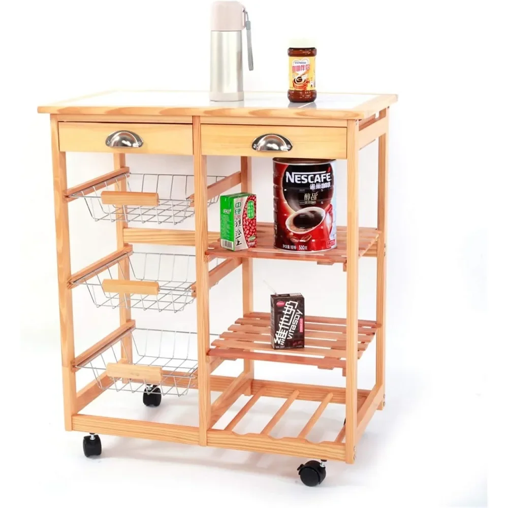 

Moveable Kitchen Island Cart Rolling Wood Kitchen Storage Trolley Utility Cart Rack w/Storage Drawers/Baskets Dining Stand Stora