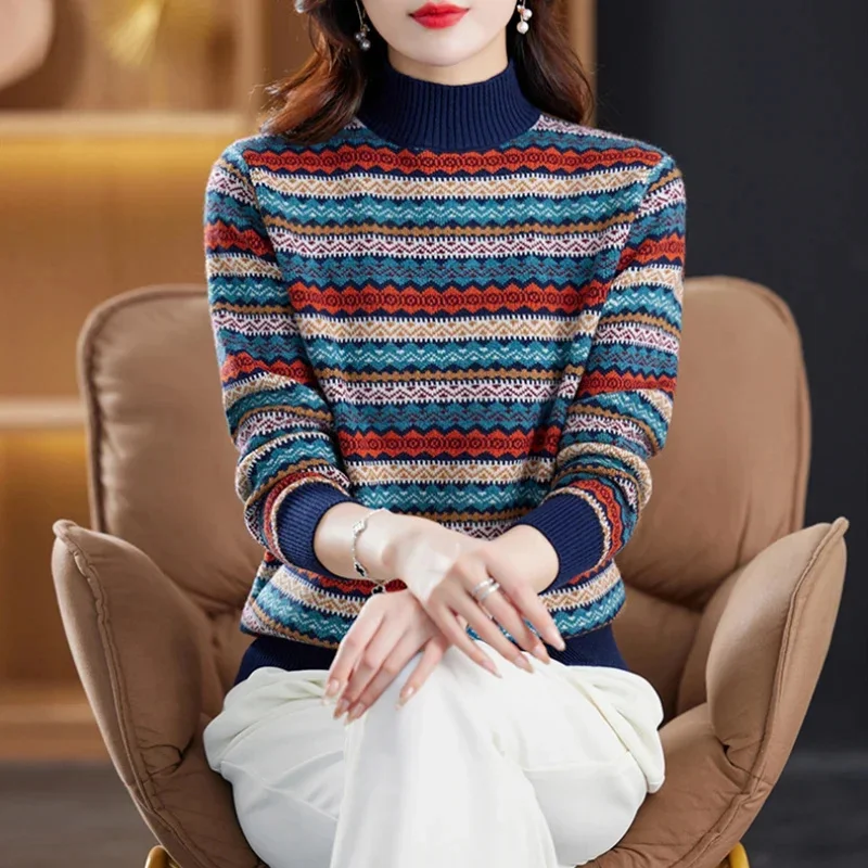 2024 New Half High Collar Print Sweater Women's Stripe Patchwork Korean Temperament Simple Fashion Loose Long Sleeve Knitted Top