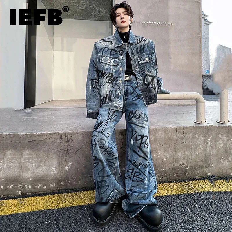 

IEFB Letter Painting Male Denim Suit Personality Turn-down Collar Pocket Patchwork Men's Jackets Contrast Color Men Jeans 9C4665