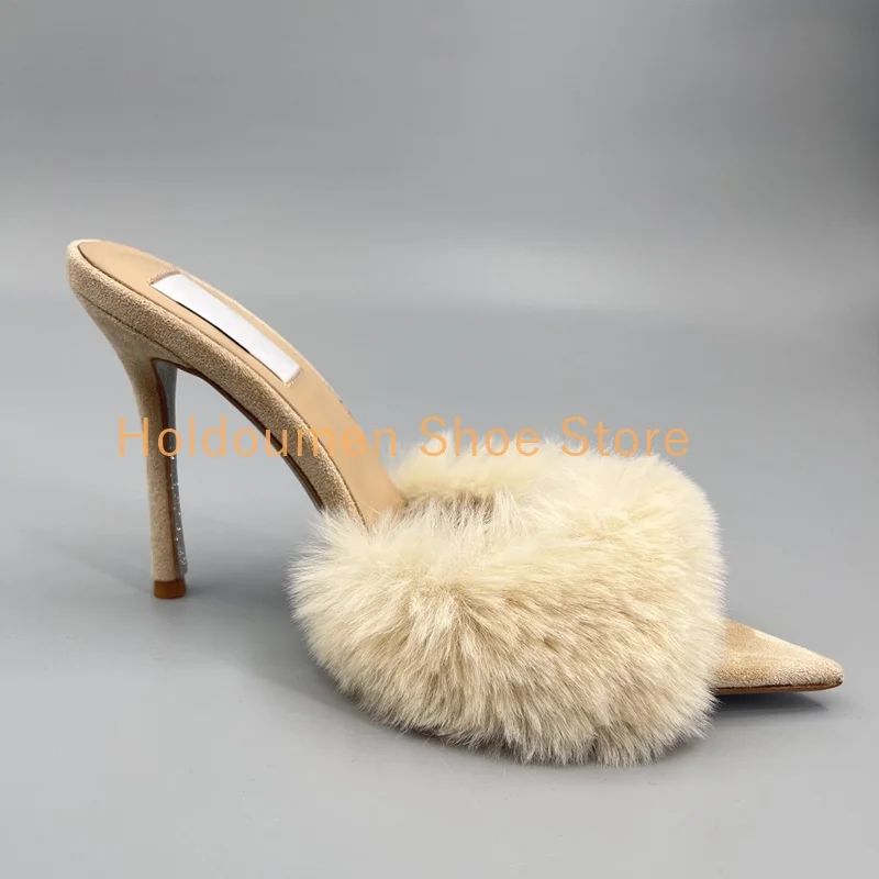 

Women's Multicolor One Strap Furry Pointed Toe Fashion Slipper Sexy Slingback Slip On Stiletto Slipper Street Hot Chick Slippers